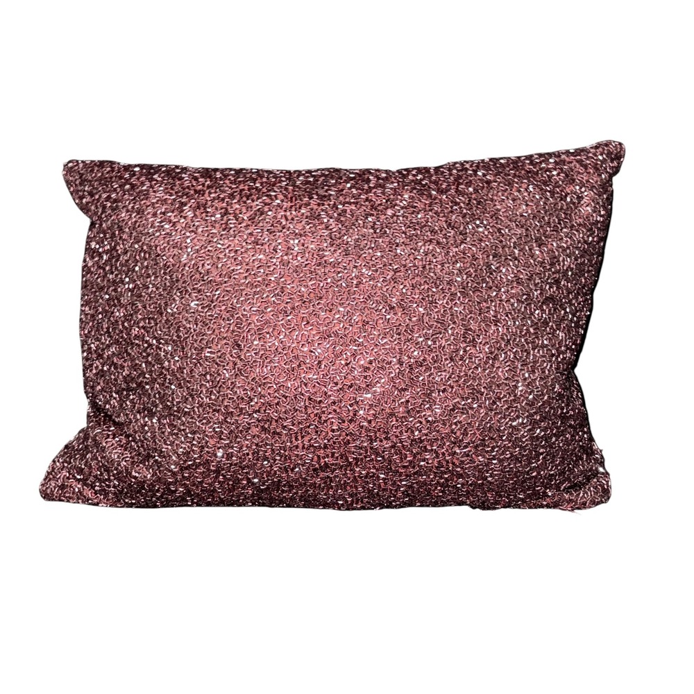 Burgundy Hand Beaded Lumbar Throw Pillow Faux Silk Back 17x12 Glam Decor